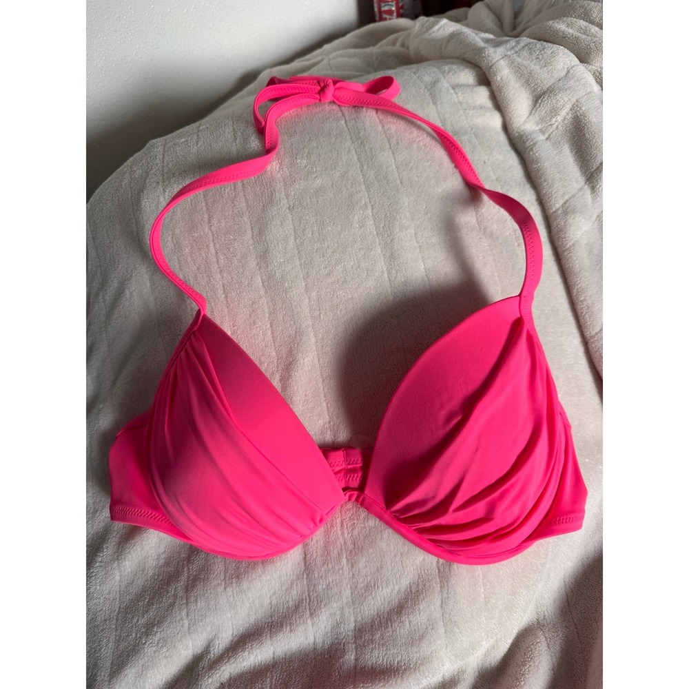 Shade & Shore Hot Pink Push-Up Halter Bikini Top Ruched Swimwear